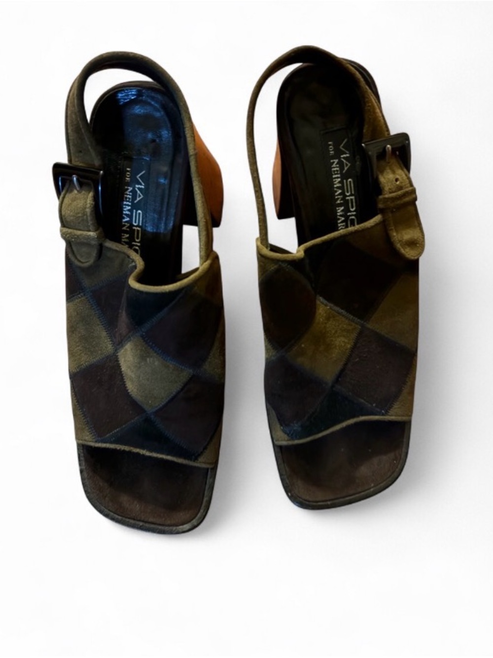 Via Spiga Patchwork Suede Slingback Sandals in Olive & Brown